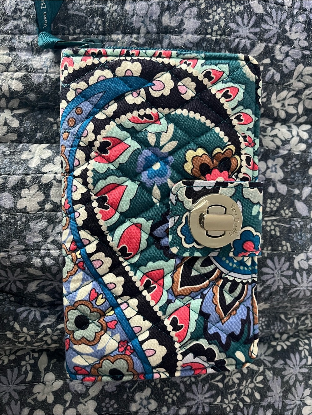 Vera Bradley Teal Multi Floral Quilted Turnlock Phone Wallet
